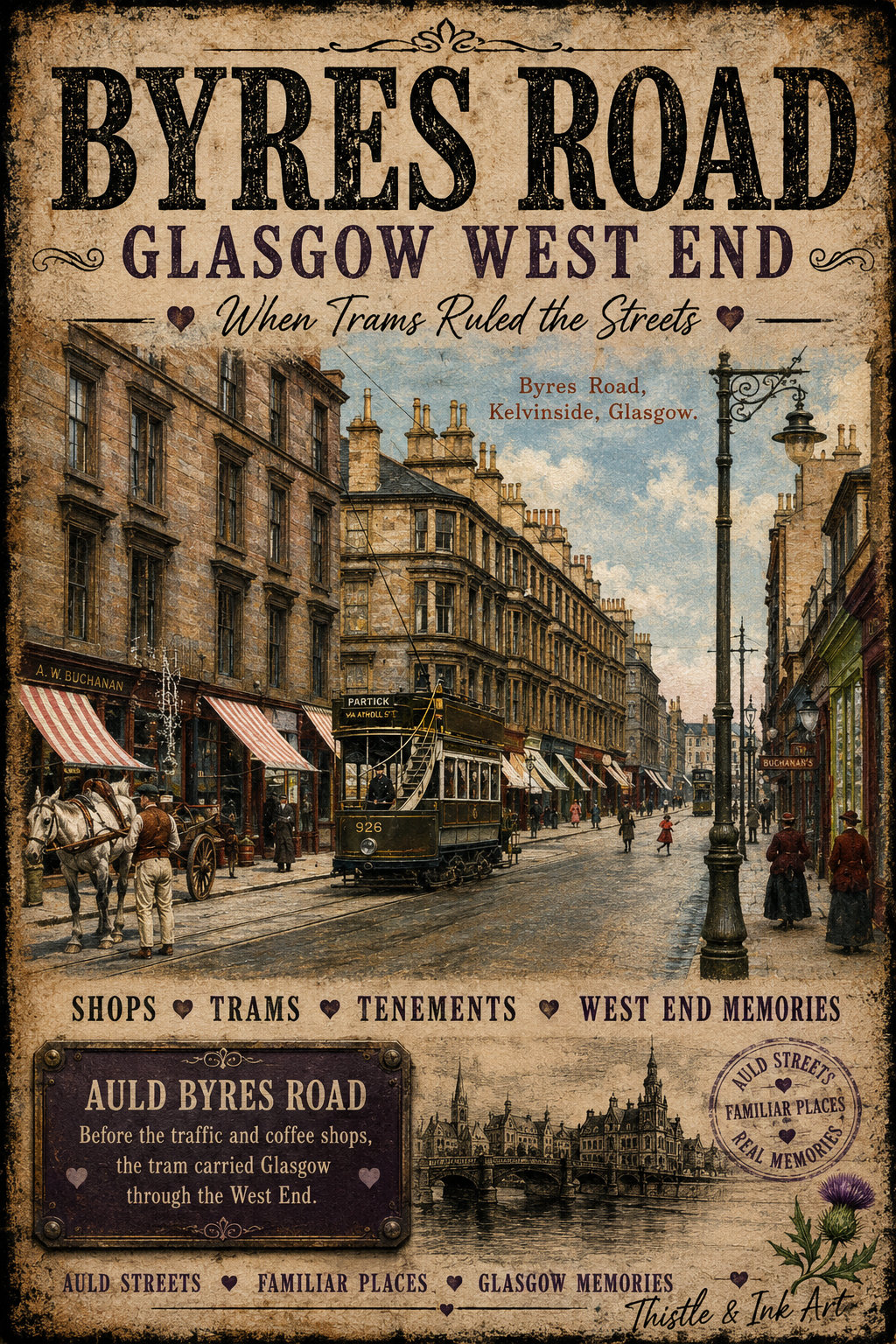 Byres Road Glasgow West End – Vintage Tram Art Print