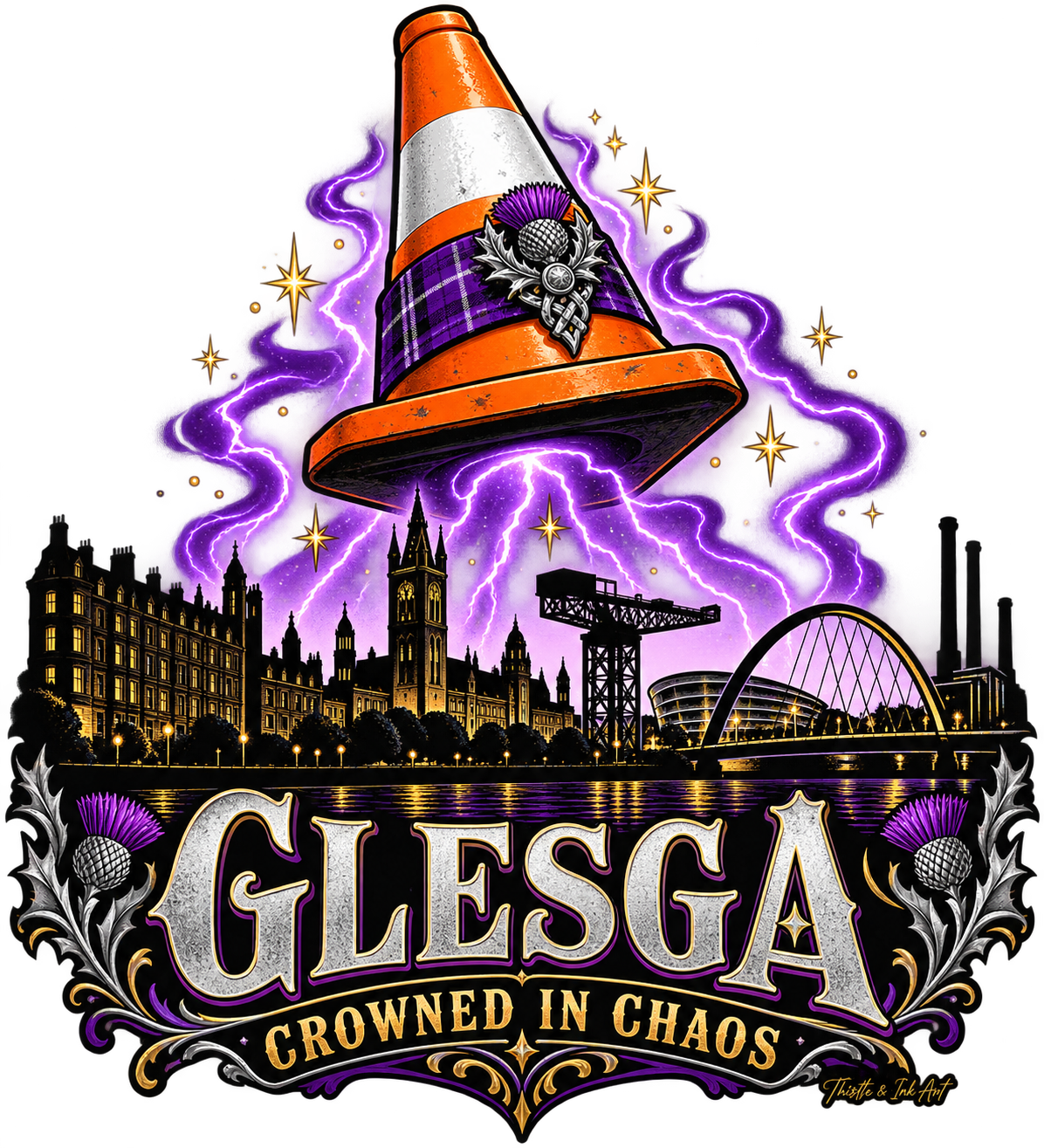 Glesga Crowned in Chaos – Glasgow Traffic Cone T-Shirt print