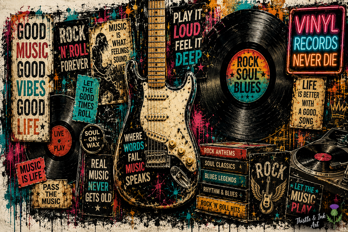 Rock ’n’ Roll Never Dies – Vinyl & Guitar Art Print