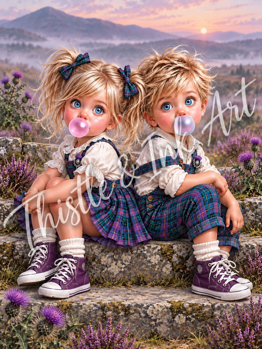 Scottish Bubble Twins – Whimsical Scottish Children’s Digital Art Print